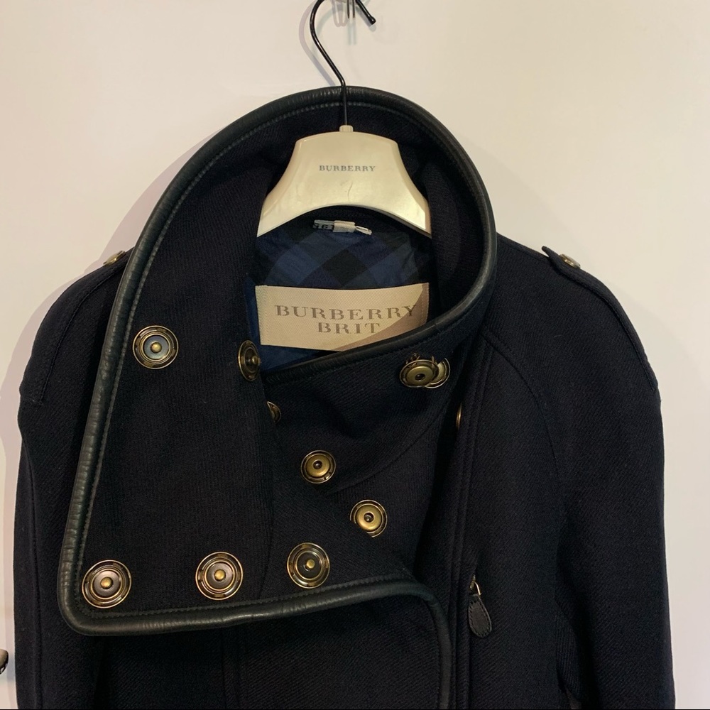 Navy Burberry Brit wool-blend twill bomber jacket, leather trim